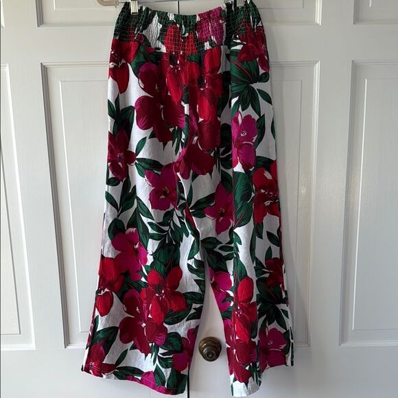 TAHARI LINEN FLORAL WIDE LEG PANTS SIZE MEDIUM WHITE PINK RED GREEN TROPICAL - Picture 4 of 10